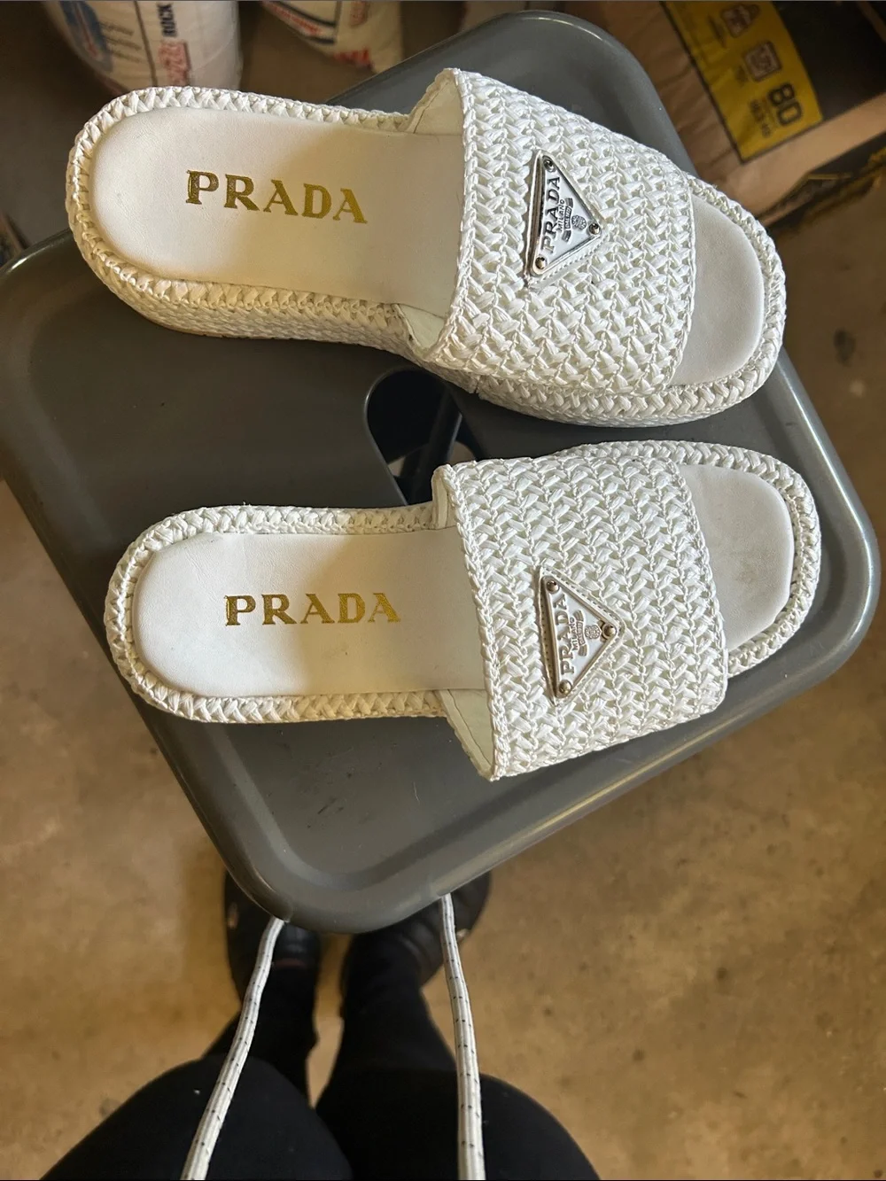 Prada Ivory Woven Logo Slide Sandals - Picture 3 of 3